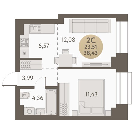 Планировка 2-комн 38,43 м²