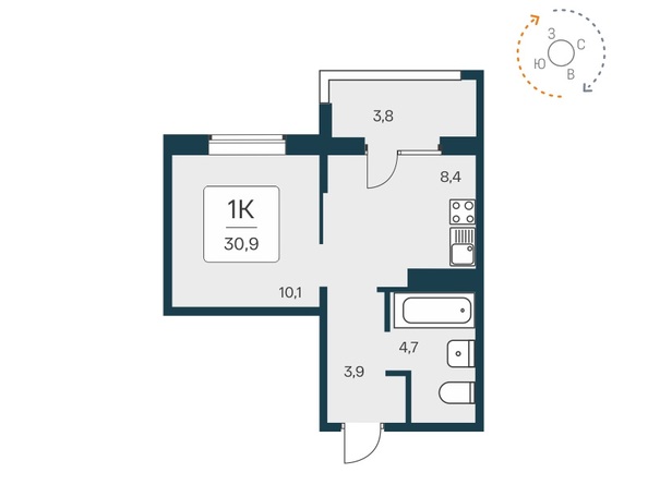 Планировка 1-комн 30,9 - 32 м²