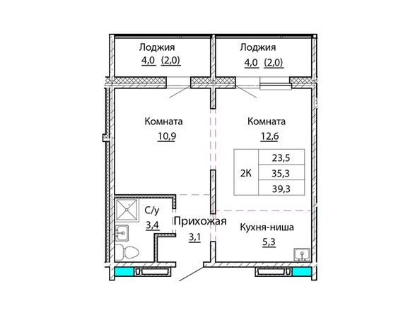 Планировка двухкомнатной квартиры 39,3 кв.м