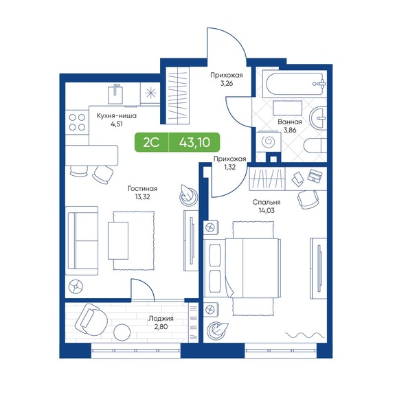 Планировка 2-комн 43,1 - 43,52 м²