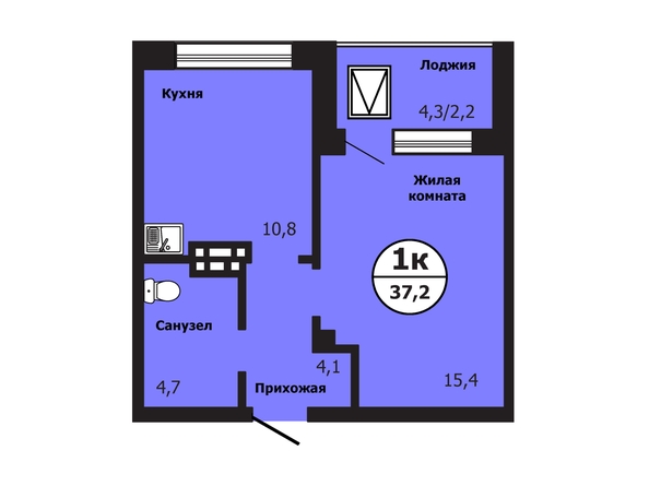 Планировка 1-комн 37,2 - 37,7 м²