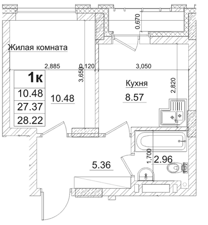 Планировка 1-комн 27,37 м²