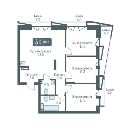 Планировка 3-комн 80,7 - 81,1 м²