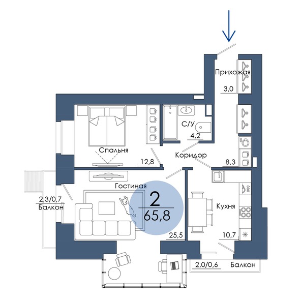 Планировка 2-комн 65,8 м²