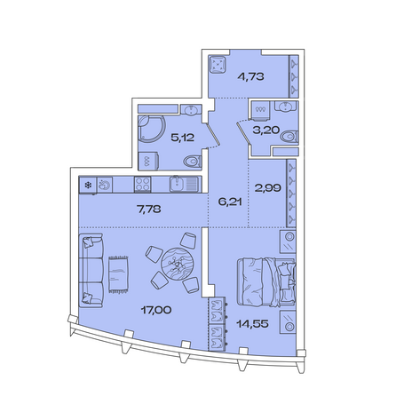 Планировка 1-комн 61,58 м²