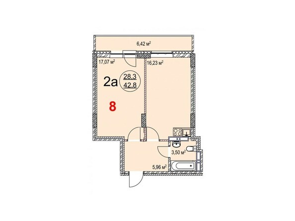 Планировка двухкомнатной квартиры 42,8 кв.м