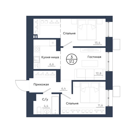 Планировка 3-комн 57,2 м²