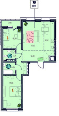 Планировка 3-комн 77,2 - 77,55 м²