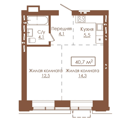 Планировка 2-комн 40,7 м²