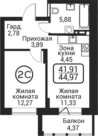 Планировка 2-комн 40,6 м²