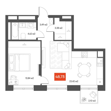 Планировка 1-комн 49,33 м²