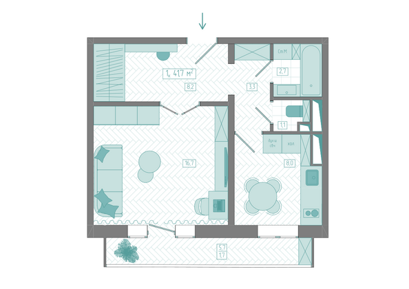 Планировка 1-комн 41,7 м²
