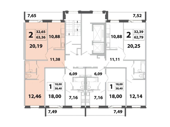Планировка двухкомнатной квартиры 63,36 кв.м
