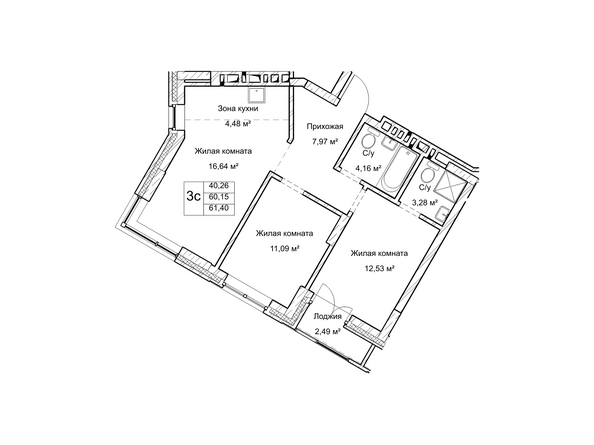 Планировка трехкомнатной квартиры 60,1 кв.м