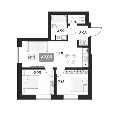 Планировка 3-комн 47,89 м²