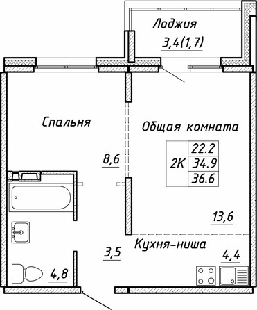 Планировка 2-комн 36,6 м²