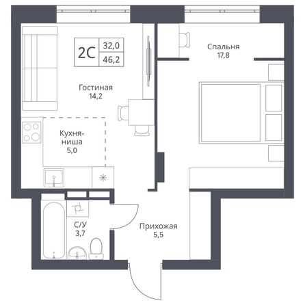 Планировка 2-комн 46,2 м²
