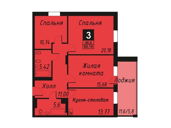Планировка трехкомнатной квартиры 88,19 кв.м