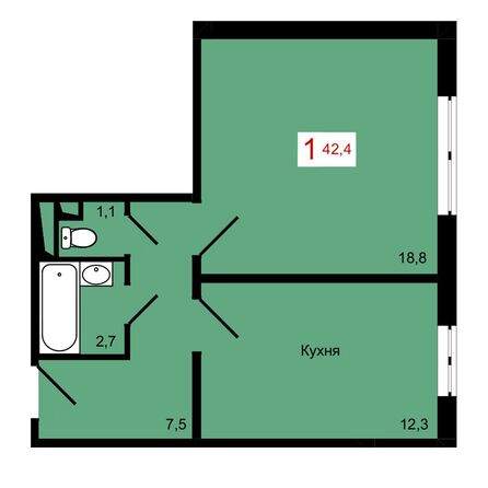 Планировка 1-комн 42,4 м²