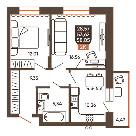 Планировка 2-комн 55,53 - 56,01 м²