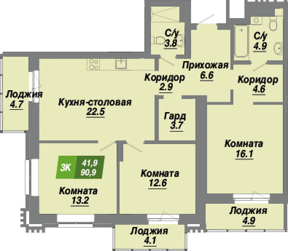 Планировка 3-комн 90,9 м²