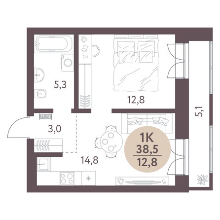 Планировка 1-комн 38,5 м²