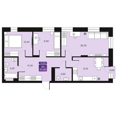 Планировка 3-комн 86,8, 87 м²