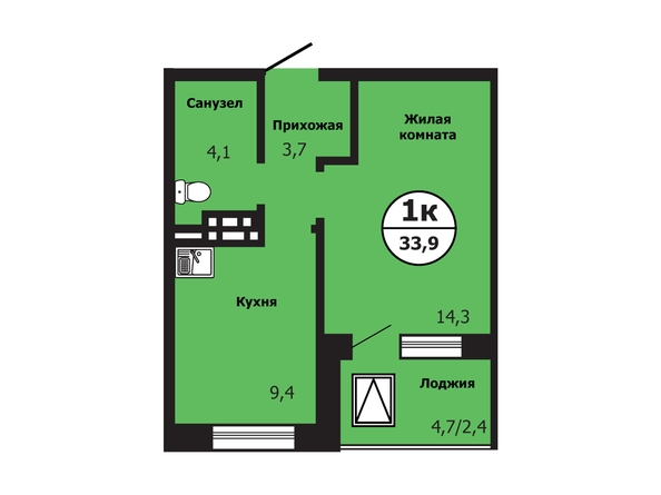 Планировка 1-комн 33,9 м²