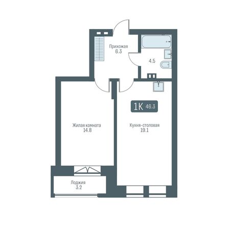 Планировка 1-комн 46,3, 46,7 м²