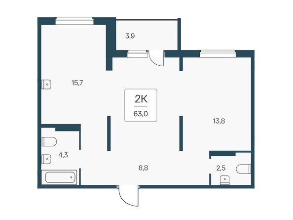 Планировка 2-комн 62,7 - 63,2 м²