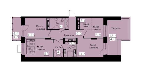 Планировка 4-комн 69,8 м²