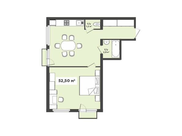 Планировка 2-комнатной квартиры 52,50 кв.м