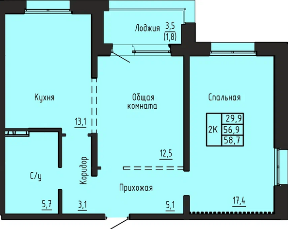 Планировка 2-комн 58,7 м²