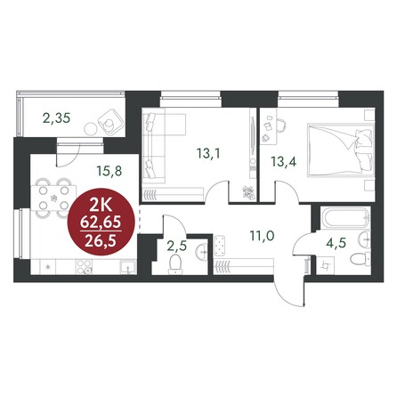 Планировка 2-комн 62,65 м²