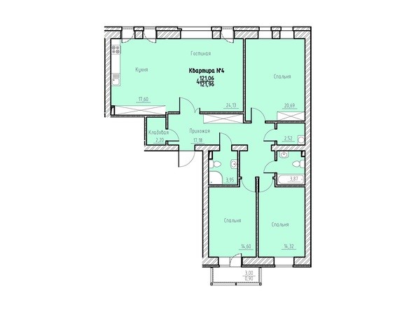 Планировка четырехкомнатной квартиры 121,96 кв.м