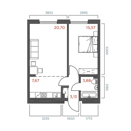 Планировка 1-комн 50,95 м²