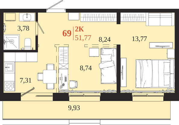 Планировка 2-комн 51,77 м²