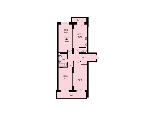 Планировка четырехкомнатной квартиры 92,45 кв.м