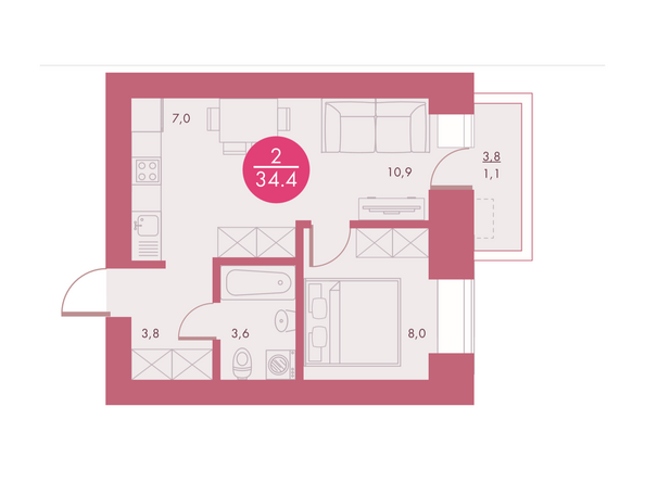 Планировка двухкомнатной квартиры 34,4 кв.м