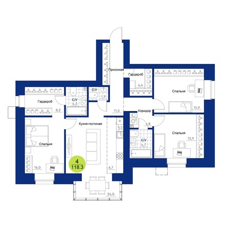 Планировка 4-комн 118,3 м²