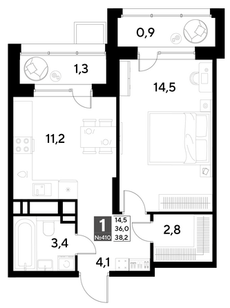 Планировка 1-комн 38,2 м²