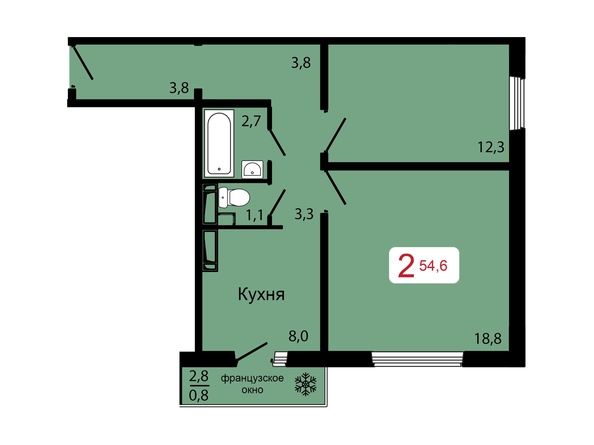 Планировка 2-комн 54,6 м²