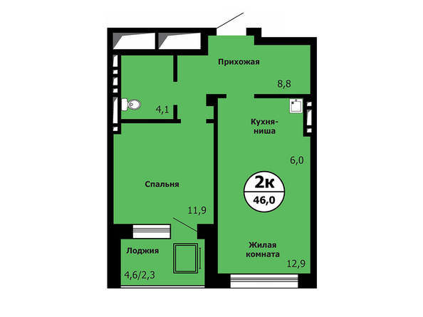 Типовая планировка 2-комнатной квартиры 46 кв.м