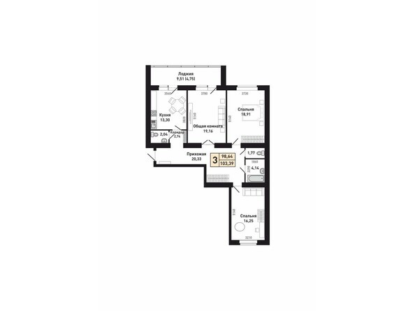 Планировка трехкомнатной квартиры 98,64 кв.м