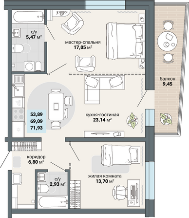 Планировка 3-комн 71,93 м²