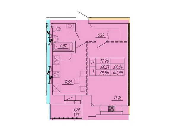 Планировка 1-комнатной квартиры 40,99 кв.м