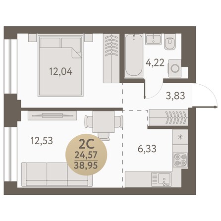 Планировка 2-комн 38,95 м²