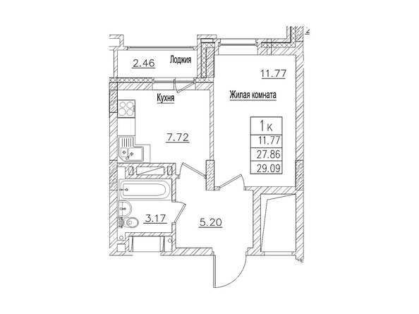 Планировка 1-комн 27,8, 29,09 м²