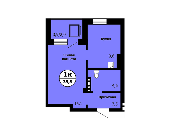Типовая планировка 1-комнатной квартиры 35,8 кв.м