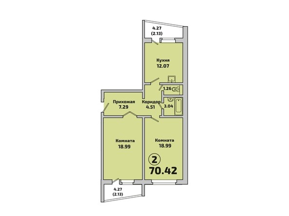 Планировка 2-комнатной квартиры 70,42 кв.м